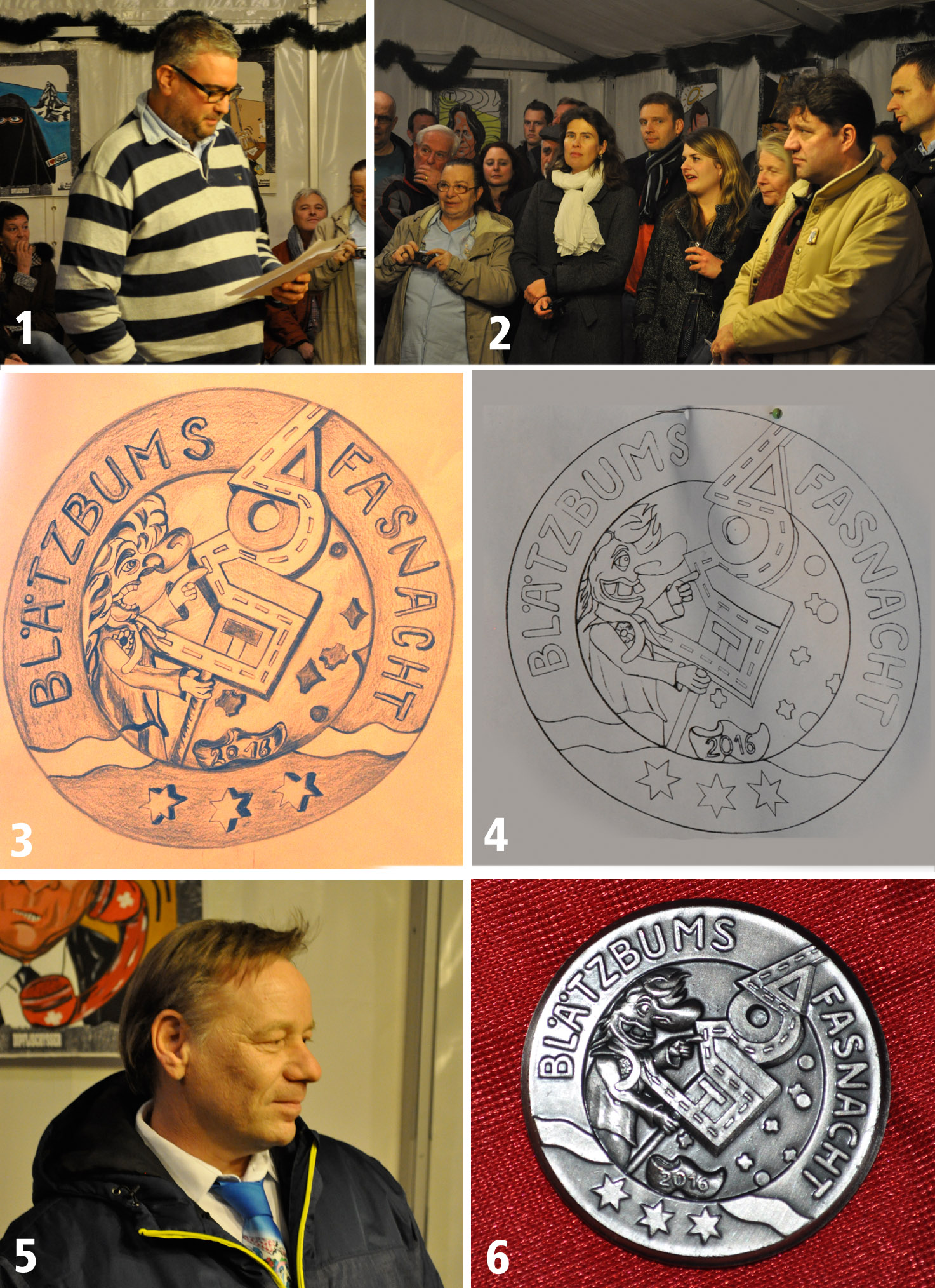 1 Patrick Müller erklärt den Gewinner. 2 Die Menge wartet gespannt darauf, dass der Vorhang geliftet äh gelüftet äh wird. 3 Der Entwurf des Gewinners. 4 Die technische Umsetzung des Plakettenmachers. 5 Der glückliche Gewinner Thomas Lüthi und 6 seine Plakette.